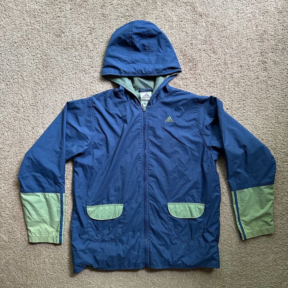 Adidas Windbreaker Girls XL Full Zip Hood Nylon Blue Teal Pockets